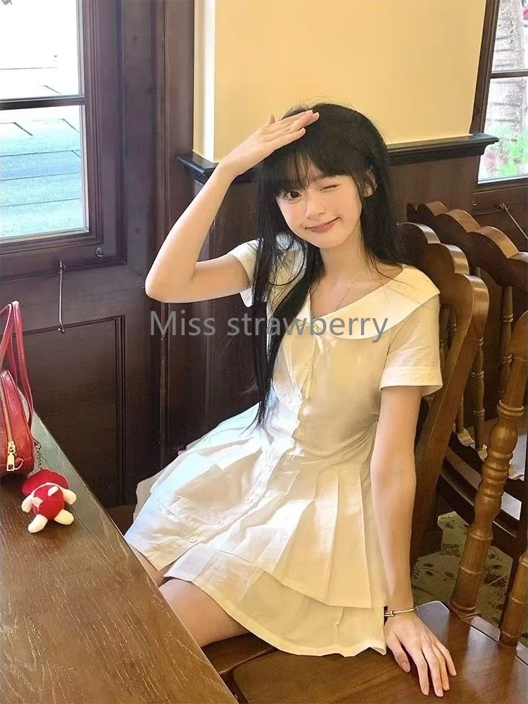 Preppy Style Vintage Slim Short Sleeve Dress Women Summer Fashion Ruffle Thin Shirt Dresses Female Chic Retro O-neck Outfits