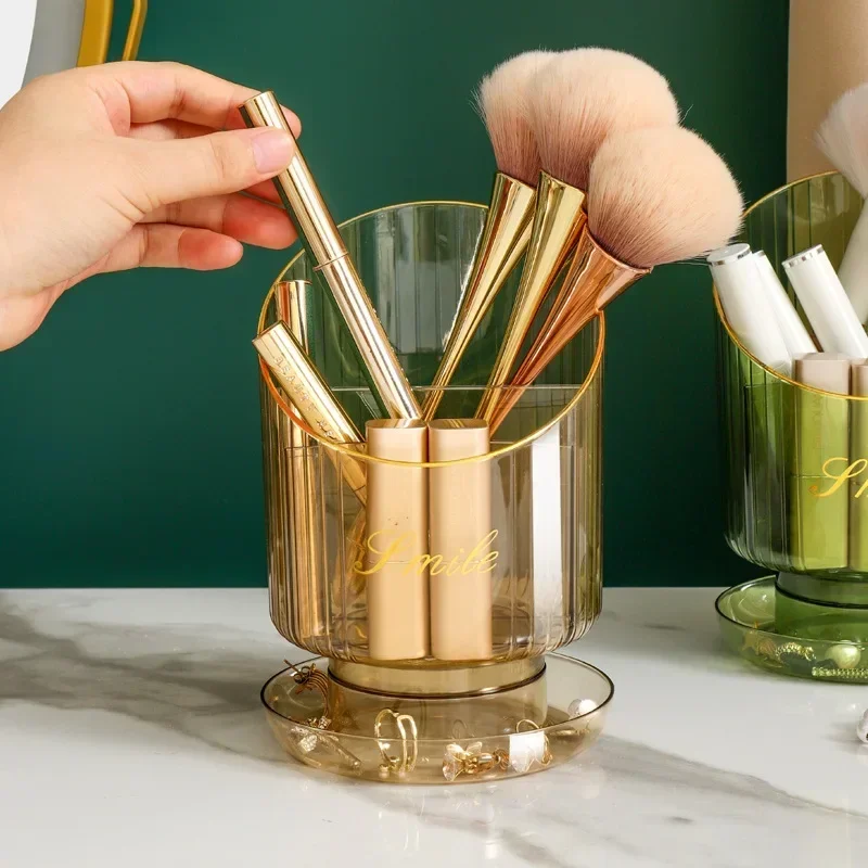 PET Makeup Brush Holder Clear High Capacity Makeup Brush Bucket 360° Rotating Multi Partition Cosmetic Dust Cylinder Bathroom