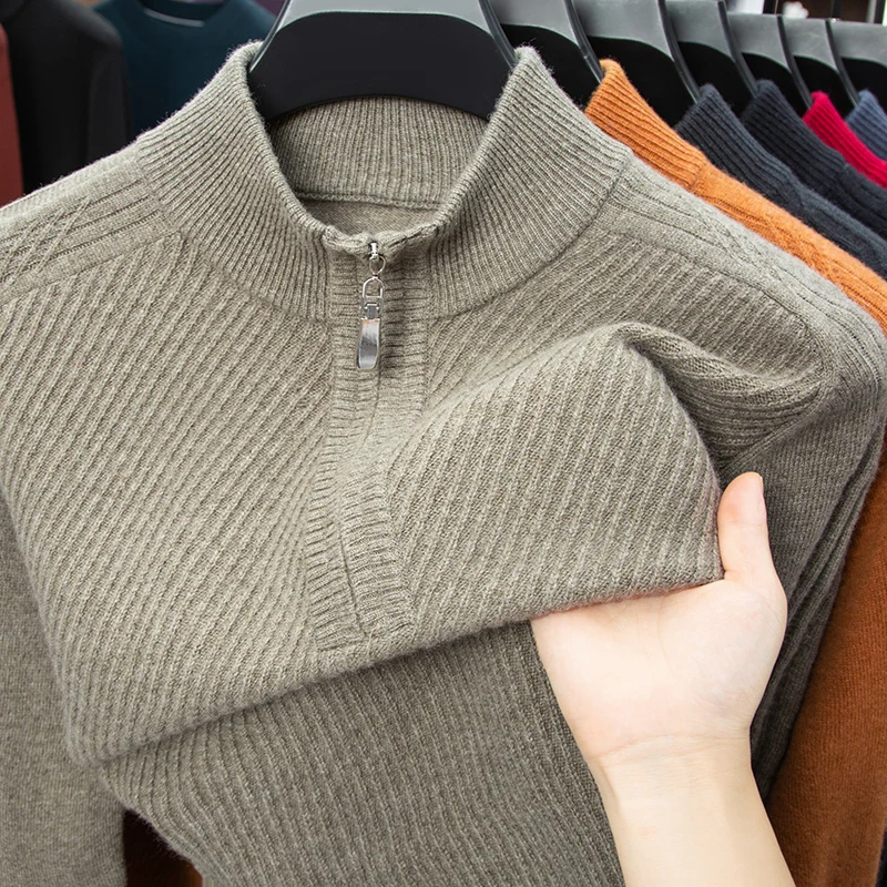 100% Wool Men's Luxury Sweater Thickened High Neck Half Zip Knitted Pullover Long Sleeve Autumn Winter Fashion Warm Casual Wear