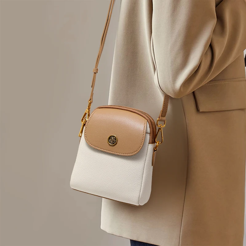 Genuine Cowhide Leather Two-Tone Women Crossbody Bag, Mini Vertical Shoulder Bag with Flower Button, Phone Purse for Travel