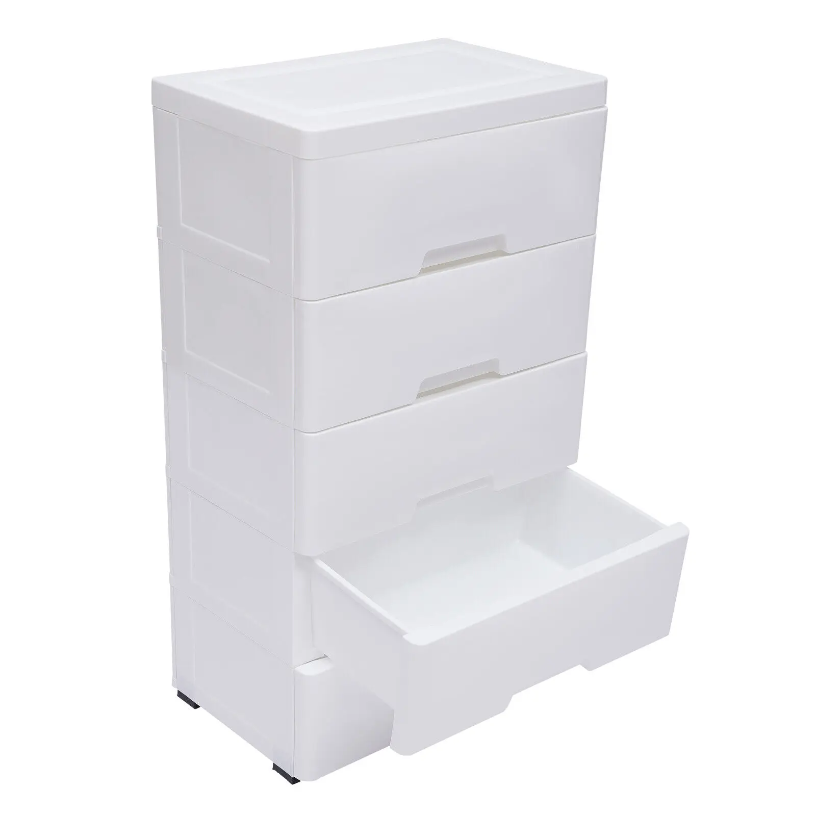 

White Plastic Drawers Storage Cart Mobile Cabinet with Casters, 5 Drawer Vertical Clothes Storage Tower Tall Chest Closet