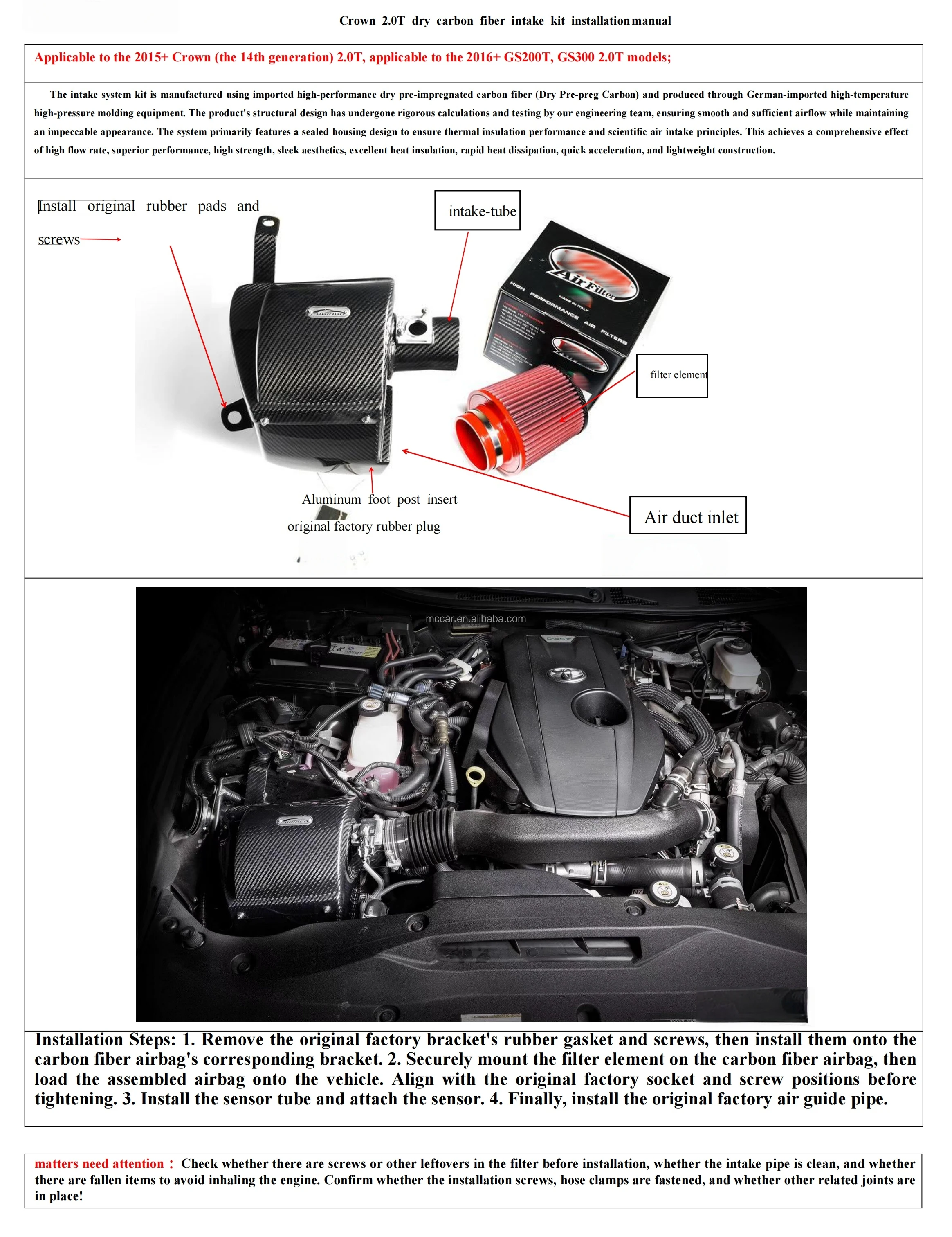 Tubo di aspirazione aria in carbonio secco con risposta più veloce per Toyota Crown 2.0T 2015+ Parti di modifica del collettore di aspirazione aria versione Street