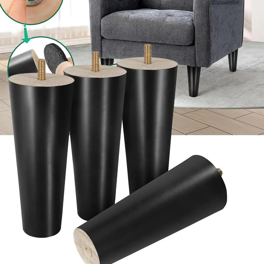 Black Rubber Wood Furniture Legs Straight Tapered Wood Feet Mid Century Sofa Legs Furniture Feet for Cabinet Couch