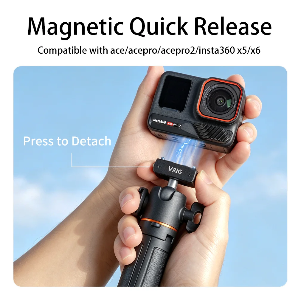 VRIG TP-48 Magnetic Quick Release Tripod Backpack Clip Auto Pop-up Selfie Stick 360° Ball Head for Insta360 Ace Pro 2 X5 X6 Vlog