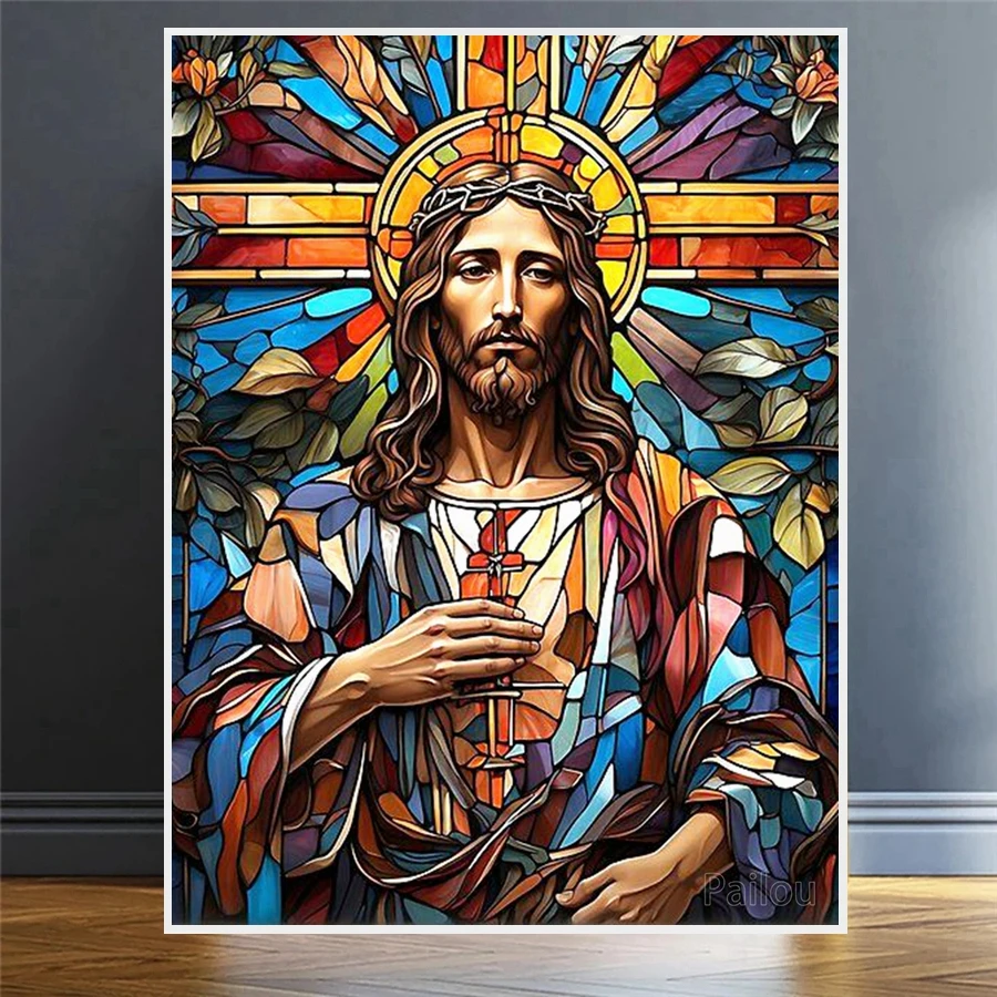 Jesus Christ Stained Glass Art Diy 5d Diamond Painting Religious Holy Cross And Virgin Mary Mosaic Cross Stitch Gift Home Decor