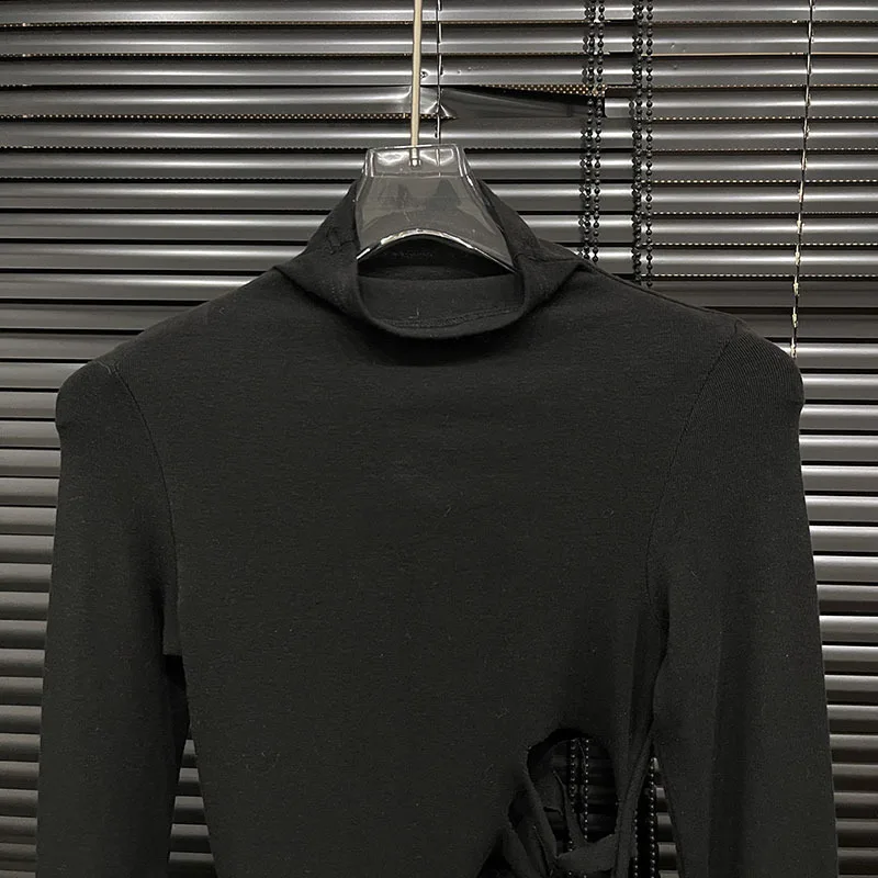 DEAT Fashion Women\'s Hollow Out Turtleneck T-shirt Versatile Design Slimming Pullover Long Sleeve Tops 2024 Autumn New 11A01427