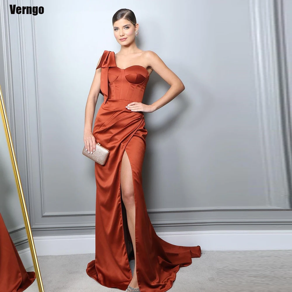 

Verngo Mermaid Prom Dresses One Shoulder Sleeveless Evening Party Dress Satin Split Arabia Formal Occasion Gown Robe De Soirée