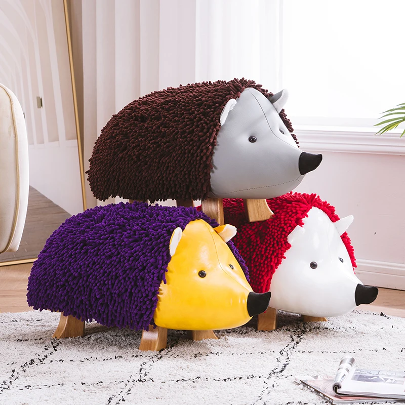 Creative solid wood footstool, hedgehog stool, chenille leather     low feet, door attracting wealth,