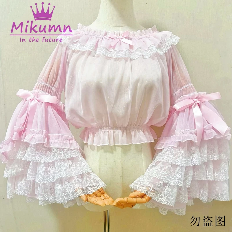 Mikumn-blusas Harajuku Y2k Lolita para Mujer, camisas de manga acampanada con volantes de lazo de encaje dulce victoriano, camisa japonesa Kawaii,