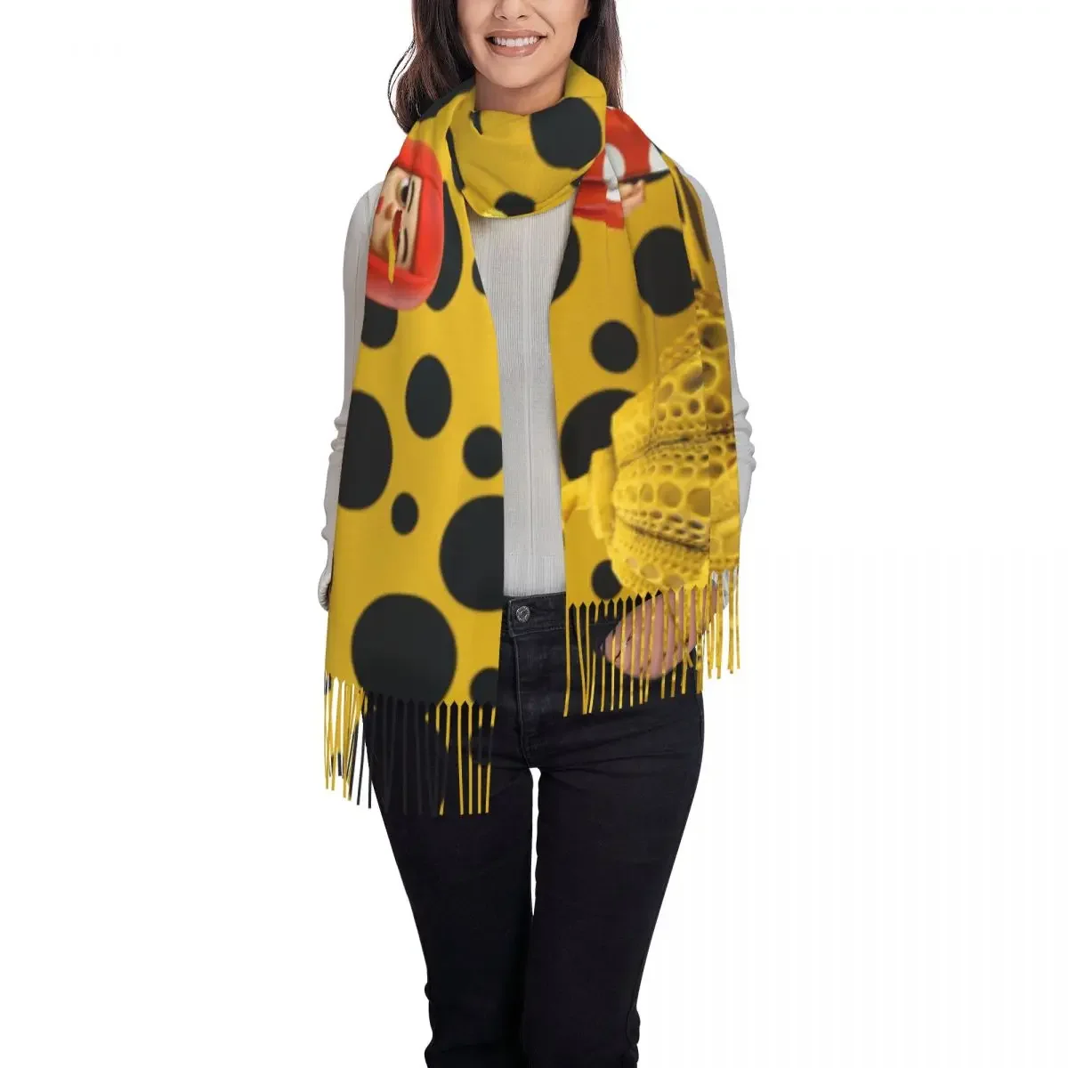 Stylish Yayoi Kusama Polka Tassel Scarf Women Winter Warm Shawls Wraps Lady Pumpkin Scarves