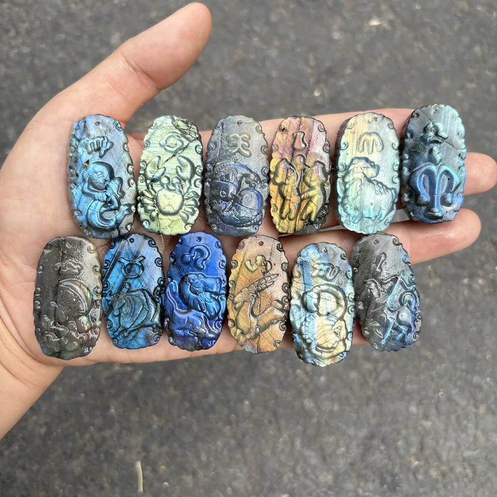 Natural Labradorite Zodiac Signs Figurine - Gemstone Horoscope Constellation Statue Tabletop Decor for Healing