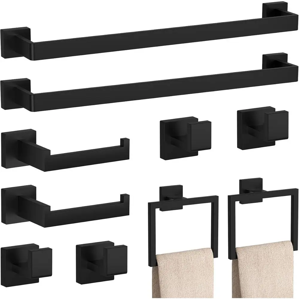 

10-Piece Black Bathroom Accessory Set, 23.6 Inch Stainless Steel Towel Bar, Wall-Mounted Hardware Towel Rack Set