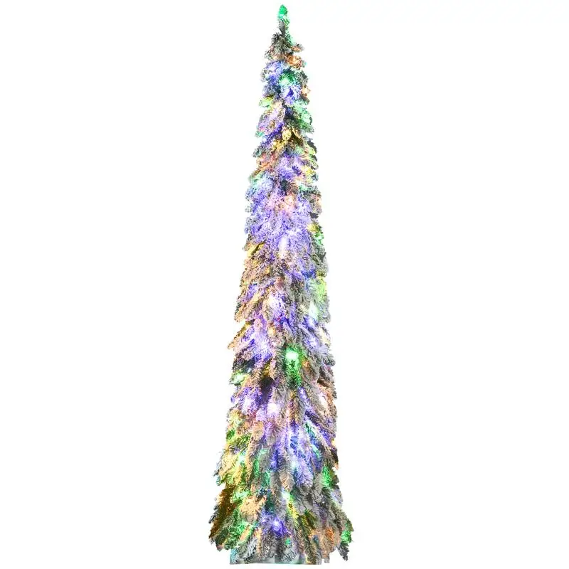 

7ft Tall Prelit Pencil Artificial Christmas Tree Holiday Decor with 534 Snow Flocked Branches and 350 LED Lights in Warm White