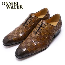 Zapatos de vestir de cuero italiano de lujo para hombre, zapatos de oficina de boda con cordones y estampado a cuadros a la moda, zapatos Oxford formales para hombre