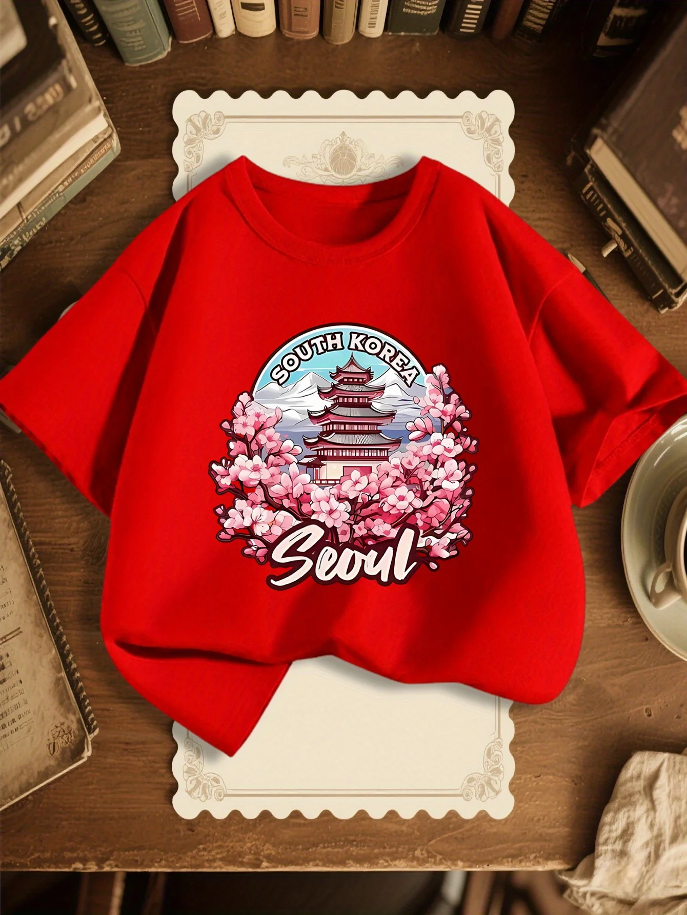 Cute Seoul Flower Scenery Print Graphic Kids Tee Boys Girls Family Matching Cotton Crew Neck Short Sleeve Soft Summer Tee