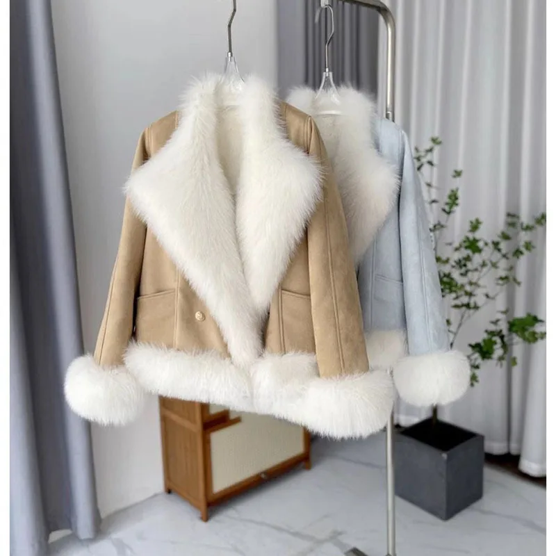 Zniżka nowa moda zimowa damska płaszcz z prawdziwego futra naturalne futro z lisa kołnierz gruba ciepła luźna podszewka z futra królika zamszowa odzież wierzchnia