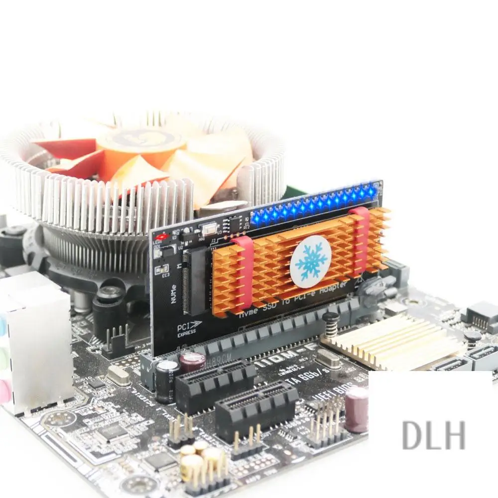 

VO-M.2 SSD Nvme Heat Sink Nvme Pcie M.2 NGFF SSD To PCIE X4 X8 X16 Adapter With Marquee LED Heat Sink For Desktop PC
