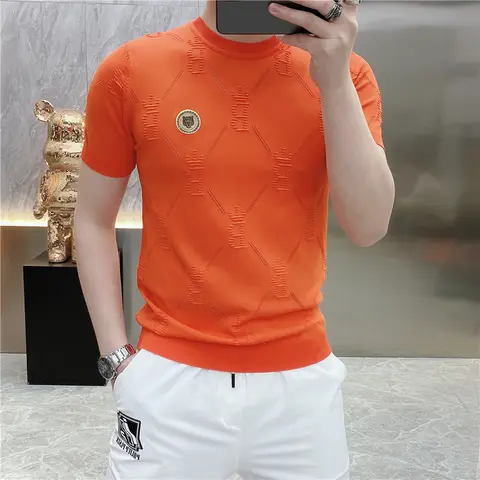 남성용 타이거 레터 티셔츠, 자카드 라운드 넥, 아이스 실크, 반팔 티셔츠, 슬림핏 니트 풀오버, 2023 여름