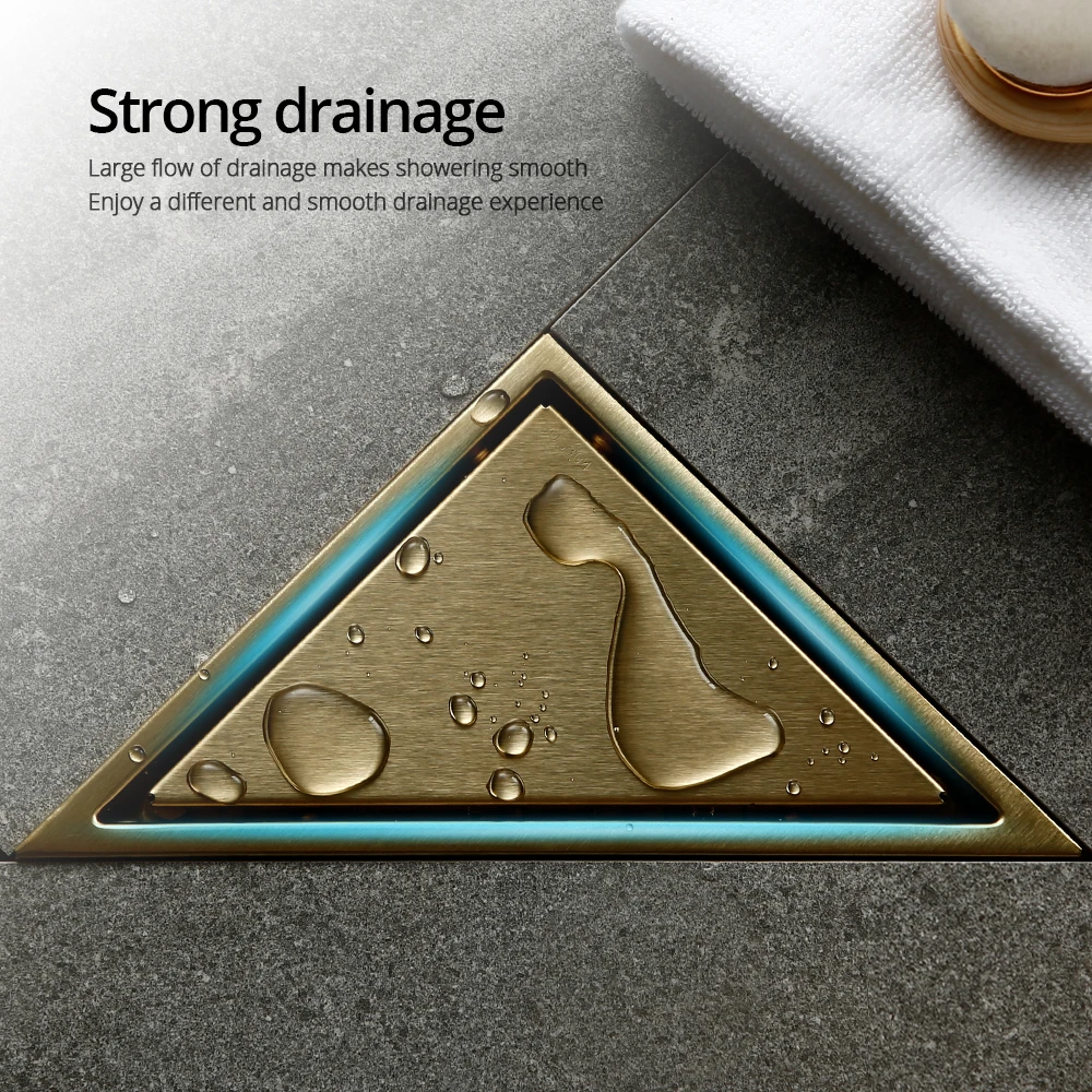 Brushed Gold Drain Siphon Triangle Cover Floor Clean Strainer Rustproof Deodorization Type Stainless Steel Accessories