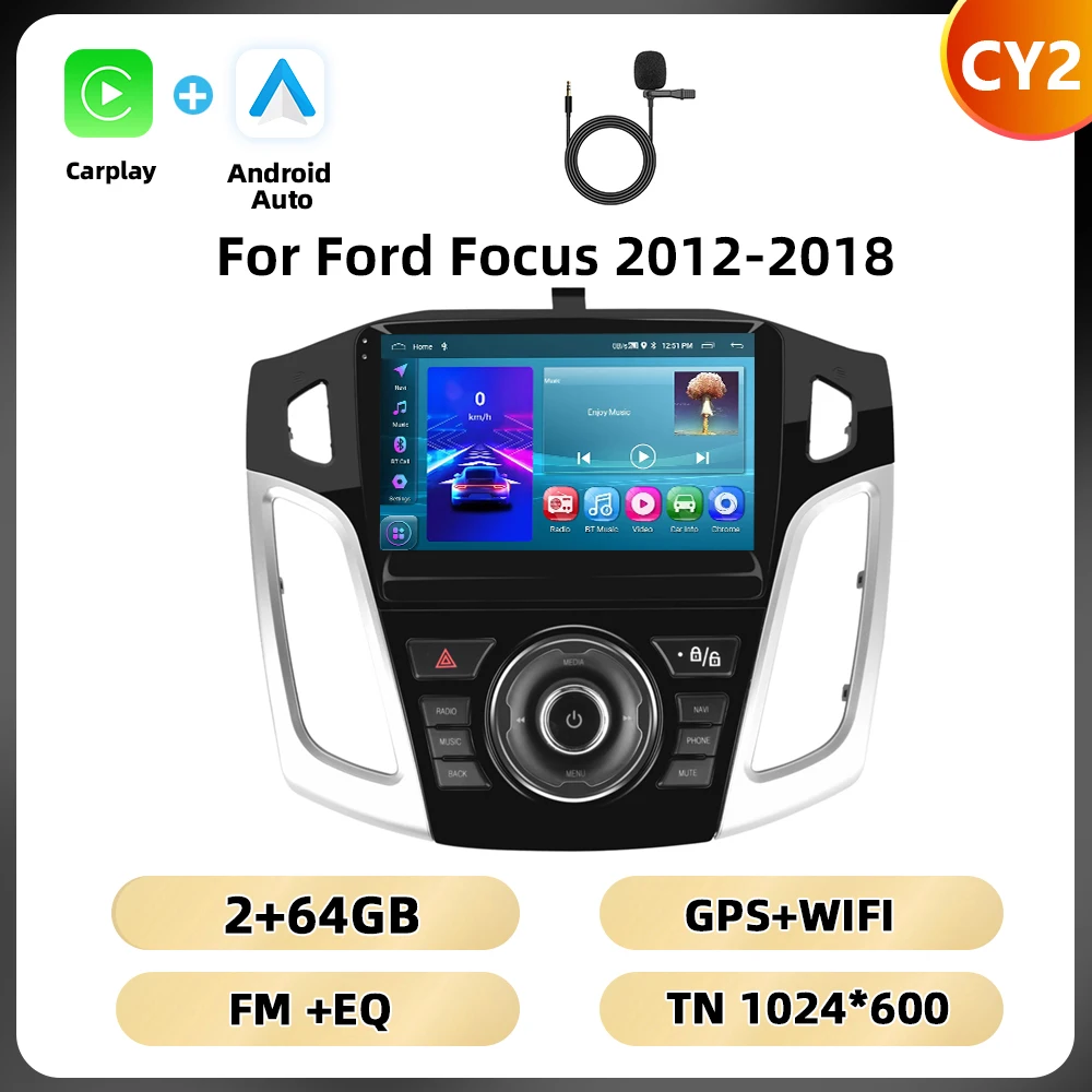 Podofo 2Din 8 + 128G Autoradio Voor Ford Focus 2012-2018 Multimedia Speler AI Voice WIFI 4G Carplay Android Auto USB Spiegel Link