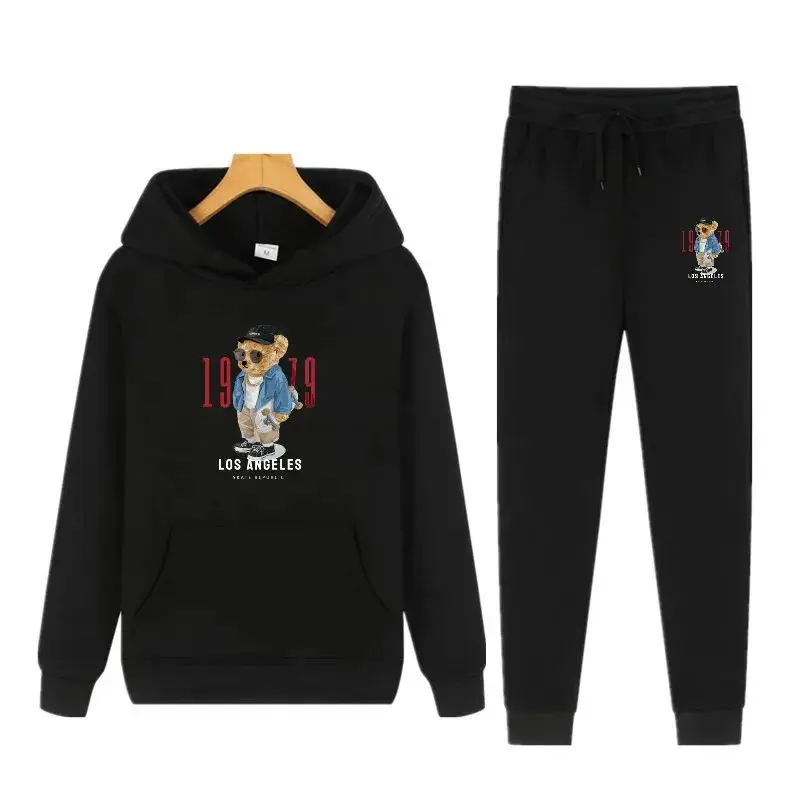 

Осенне-зимняя повседневная спортивная уличная одежда для мужчин и женщин, Модный повседневный свитшот с капюшоном с медведем и спортивные брюки, комплект из двух предметов