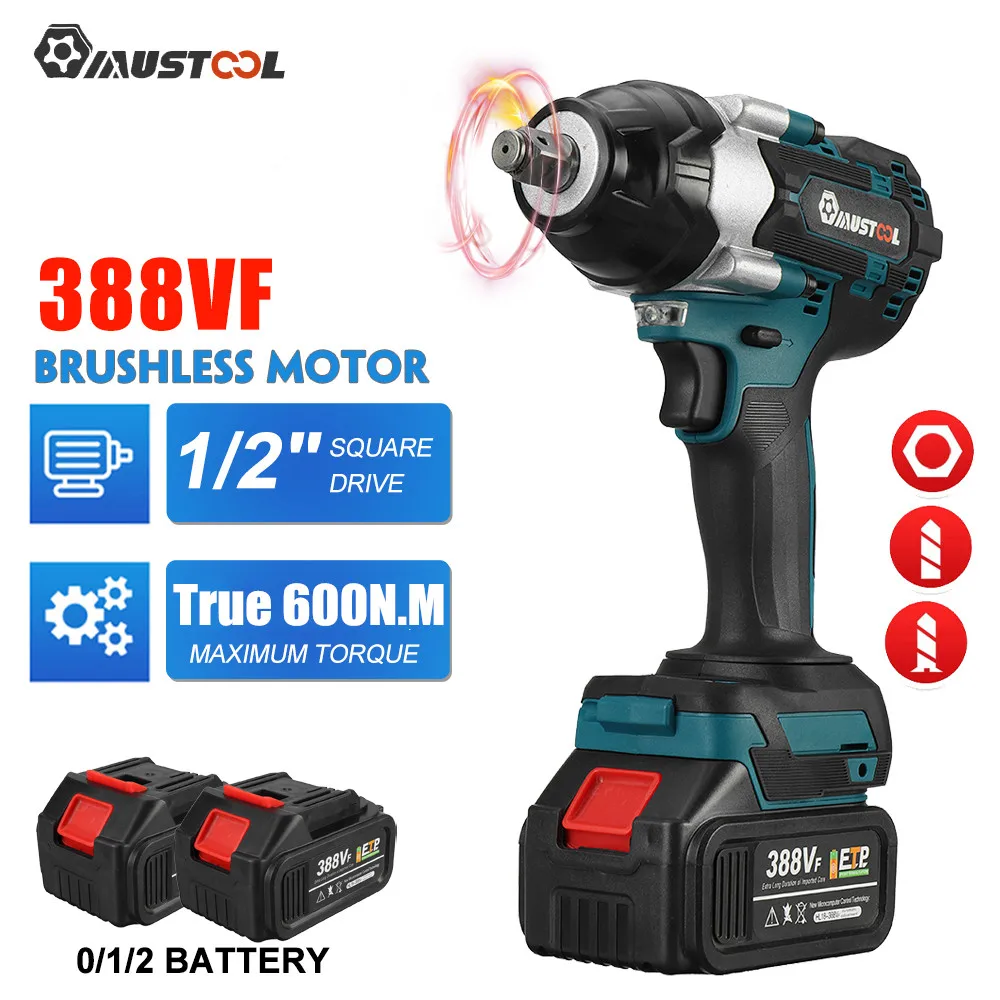 

True 600N.m Brushless Cordless Impact Wrench 1/2 Inch With 388VF Lithium-ion Battery for Car Truck Repair Power Tools