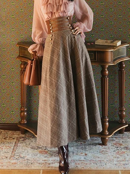 خمر منقوشة تنورة طويلة المرأة الخريف الشتاء عالية الخصر الدانتيل يصل ألف خط الصوفية تنانير طويلة أنيقة Faldas Mujer