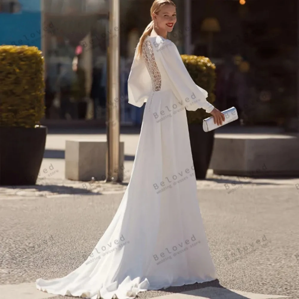 Modest Wedding Dresses Glamorous Bridal Gowns Long Puff Sleeves Robes Sweep Train Chiffon Elegant Graceful Vestidos De Novia