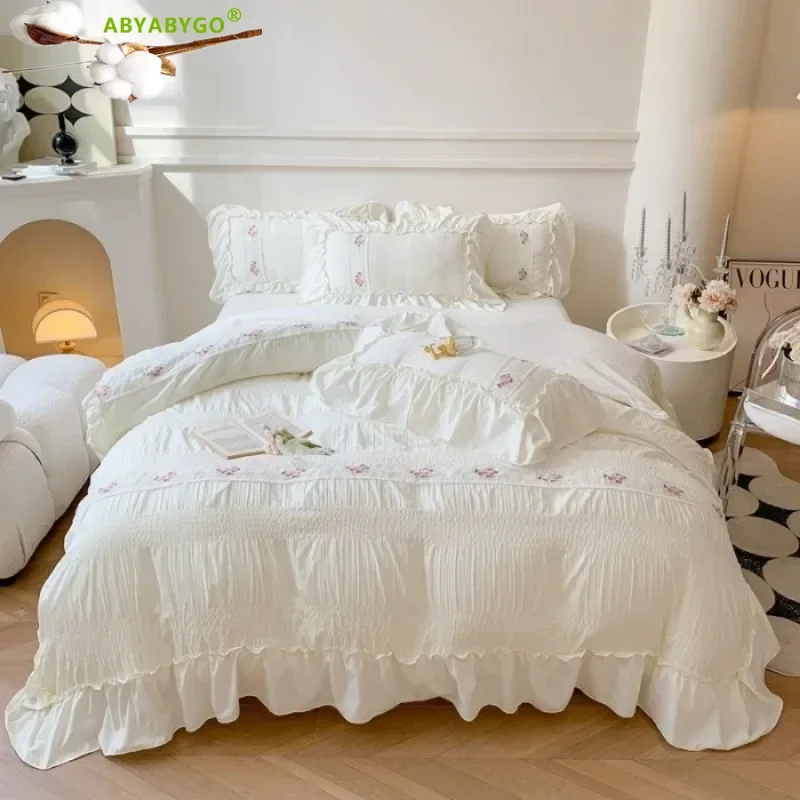 French Style Princess Bedding Set, Lace Ruffles, Flowers Embroidery, Seersucker Washed Cotton Duvet Cover, Bed Sheet, Pillowcase