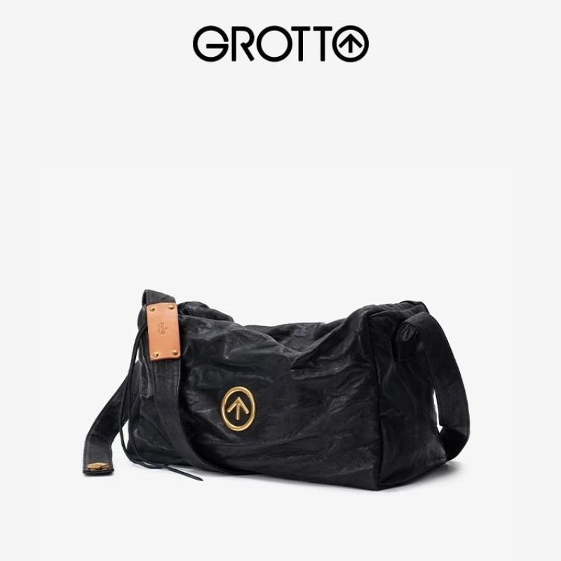 

GROTTO 2025 Black Stone Bag Classic Vegetable-Tanned Lambskin Large Capacity Shoulder Crossbody Soft Bag Commuter Tote