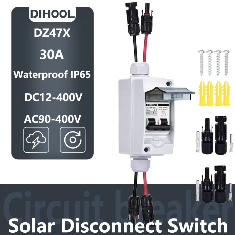 Solar Disconnect Switch Circuit Breaker with Waterproof Box 30A DC/AC400V Photovaltaic Garden Electric PV System Combiner Box