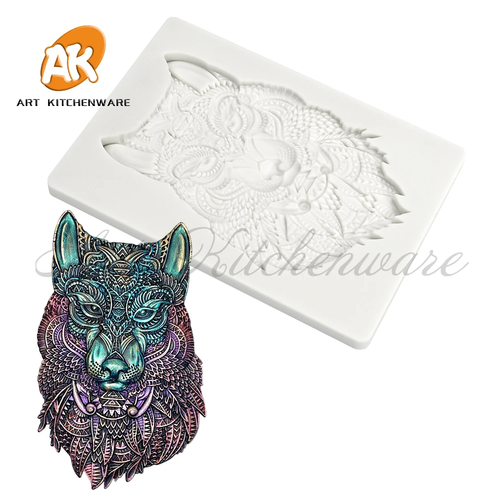 Wolf Head Pattern Relief Silicone Mold Fondant Chocolate Cake Mold DIY Resin Clay Embossed Making Mould Home Decorating Tools