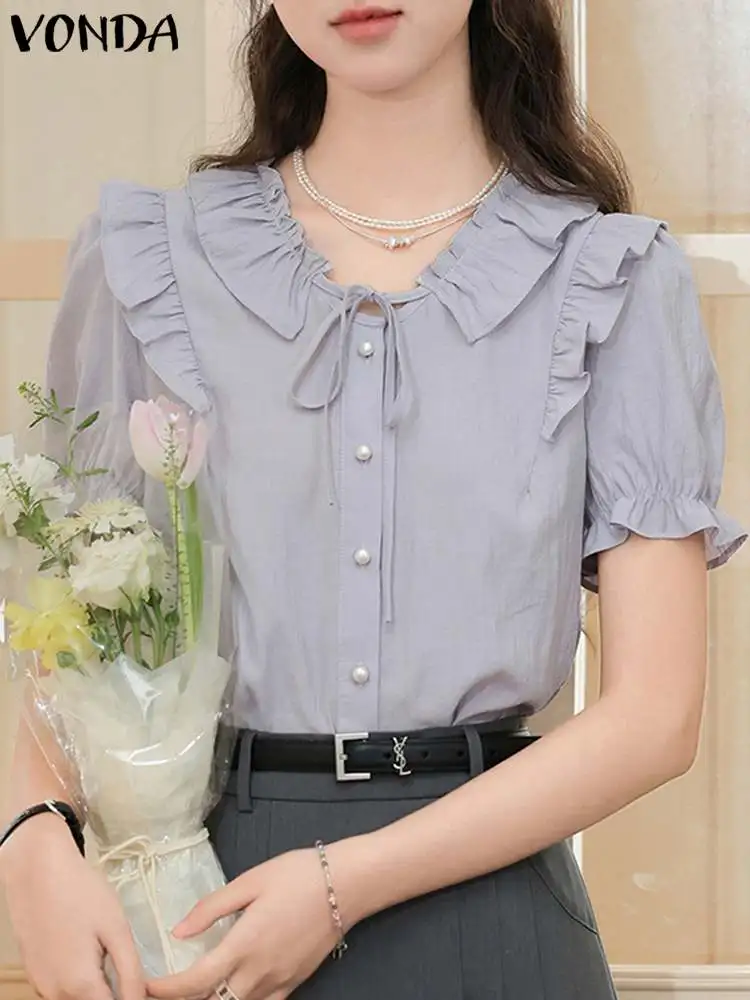 2024 VONDA Fashion Summer Shirts Elegant Blouse Women Casual Short Puff Sleeve Doll Collar Solid Color Buttons Tunic Tops Blusas