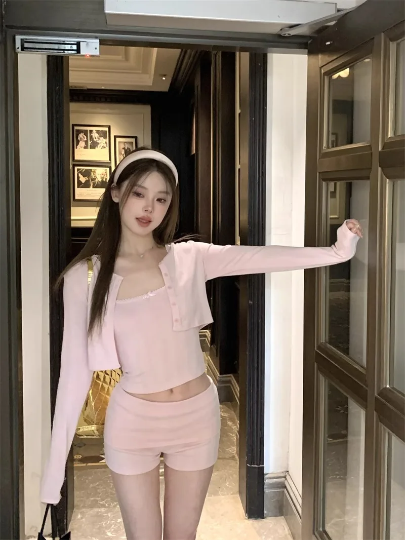 

Sweet Girl Suit Women's Summer Long-sleeved Knitted Cardigan Strap Top High Waisted Short Pants Three-piece Set Female Clothes