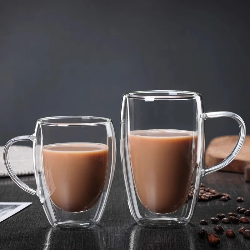 Double-Layer Glass Cup with Handle, Clear Milk Tea, Coffee Drinking Glasses, Household Insulated Tea Cup, Double Wall