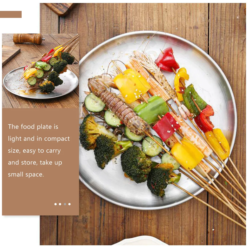 

3 шт. тарелки из нержавеющей стали, прочные многофункциональные подносы для сервировки еды для барбекю, ужина, фруктовый торт, тарелка для закусок, поднос для сервировки кондитерских изделий