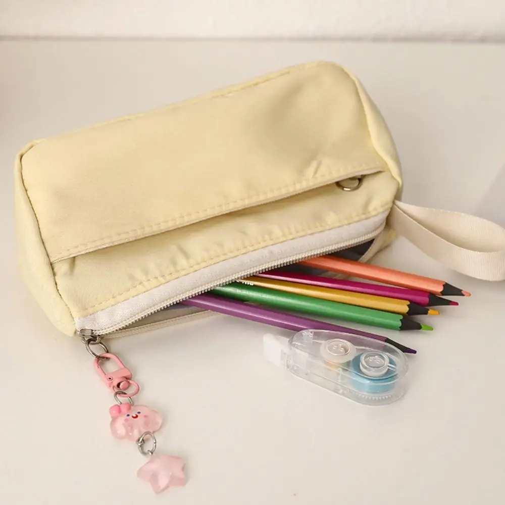 Simple Solid Color Pen Bag Double Layers Handheld Design Pencil Case Large Capacity Stationery Bag Back to School