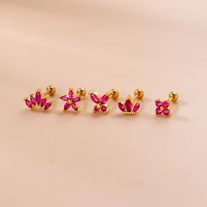 Mini Piercing de acero inoxidable, pendientes pequeños de cristal, mariposa, pájaro, dinosaurio, estrella, flor, joyería, 2 uds.