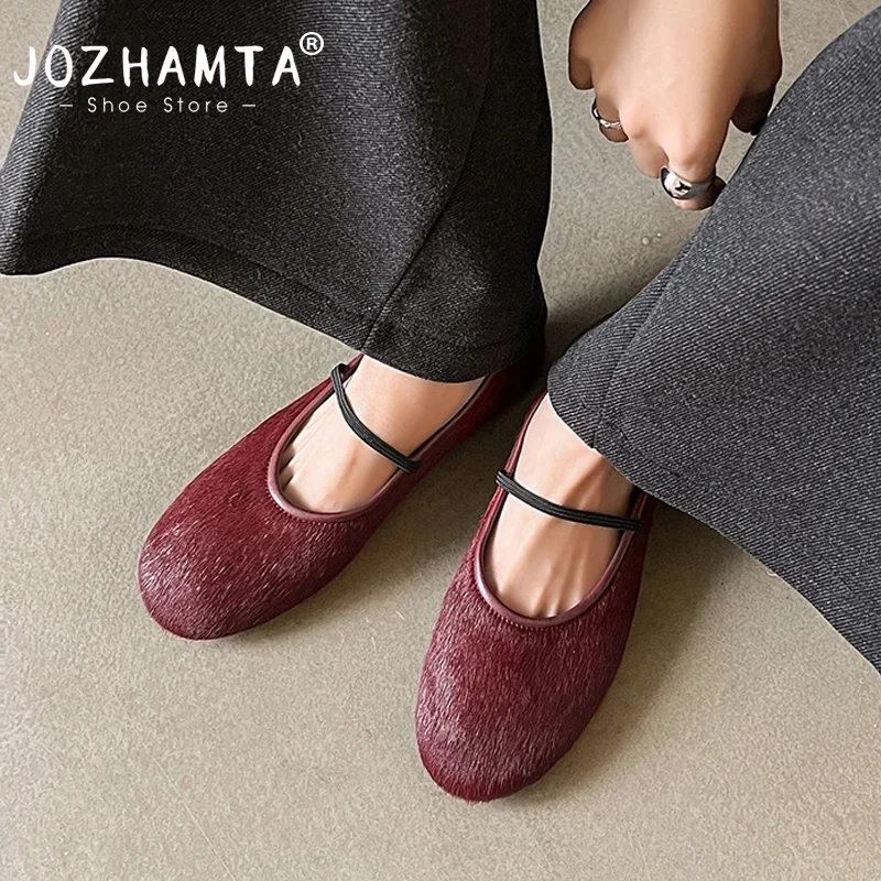 JOZHAMTA Women Ballets Flats Shoes Horsehair Real Leather Strap Low Heels Shoes Classic Round Toe Casual Daily Dress Size 34-39