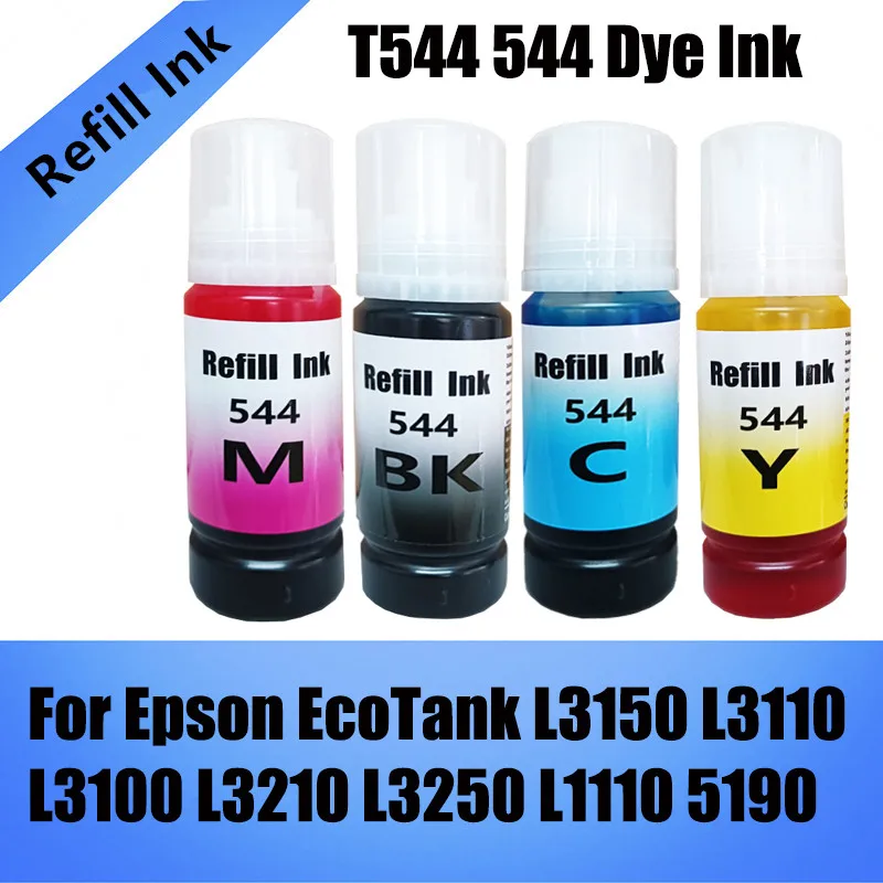 Tinta de Colorante T544 544 en Botella de 70 ml para Impresoras Epson EcoTank L3150 L3110 L3100 L3210 L3250 L1110 L5190 L4150 L4160 L6161 L6171 L6191