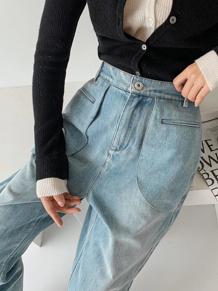

High Waist Wide Leg Blue Jeans Women's Slimming Long Trousers Earth Store Aviva on Earth Brand Denim Fabric Fall Season