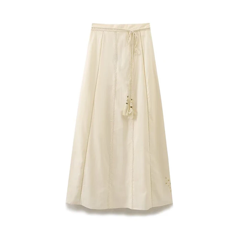 YENKYE 2024 Women Hollow Out Embroidered Midi Skirt Female A-line Summer Holiday faldas para mujeres