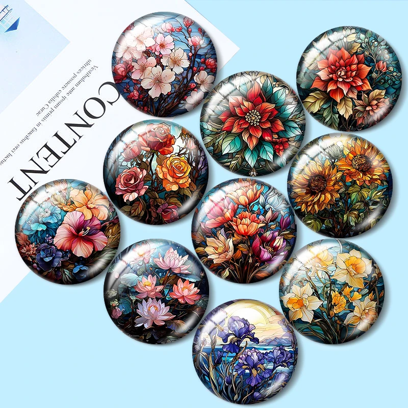 Stained Glass Flowers Collection 12mm/16mm/20mm/25mm/30mm demo flat back making mixed 10pcs Round photo glass cabochon findings