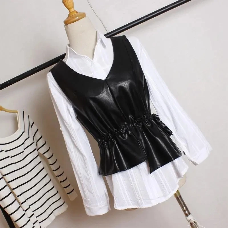 Spring Autumn All-Match Slim Fit PU Leather Vest Women\'s V-neck Korean Irregular Short Tank Top Female Sleeveless Leather Jacket