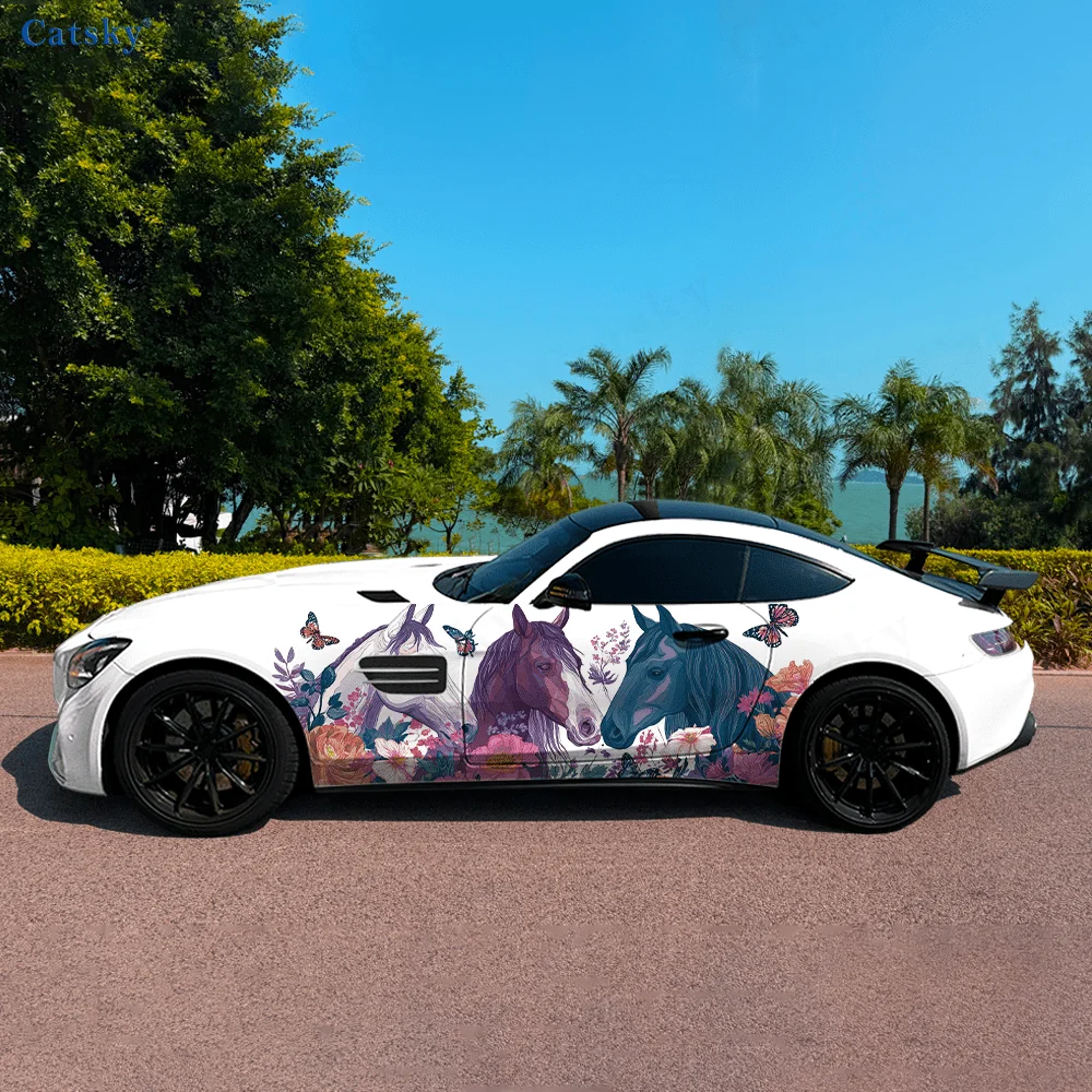 

Horses Butterfly Floral Car Vinyl Wraps Decal Self-adhesive PVC Sticker Suitable for Trucks SUV Decoration Auto Accessories Gift