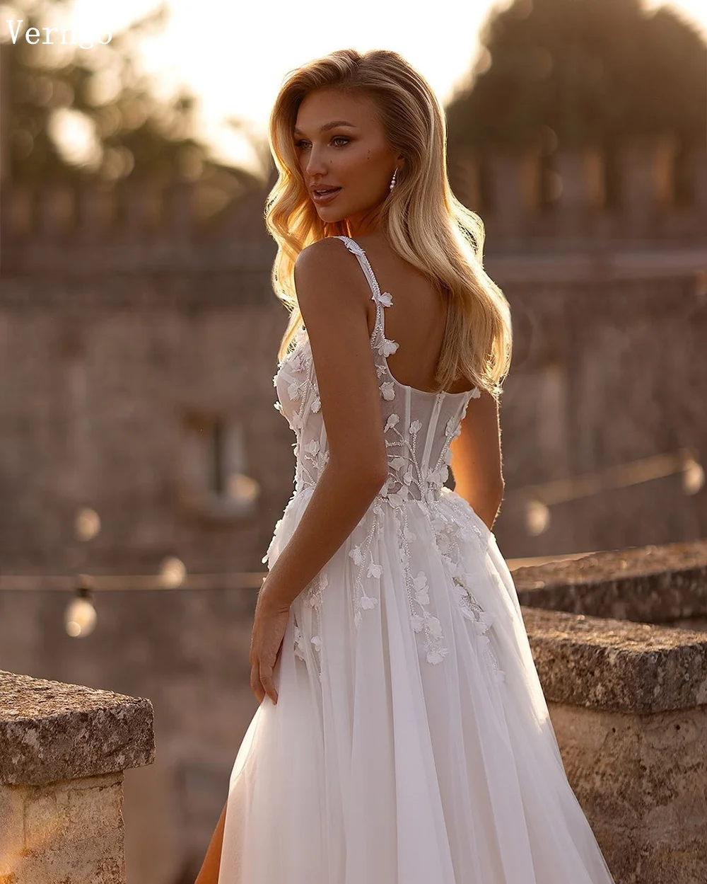 Verngo lvory Tulle Appliques Wedding Dress Sweetheart A Line Side Slit Bridal Gowns Women Elegant Side Slit Bride Dress