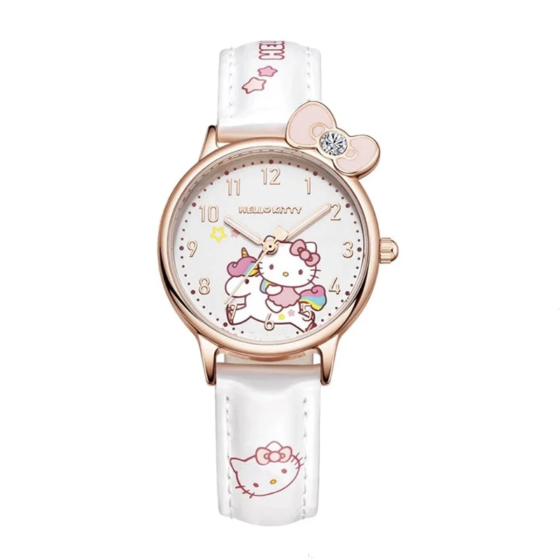 Miniso Anime Cartoon Sanrio Hello Kitty Kuromi Cinnamoroll Round Waterproof Quartz Girls Watch Children Leather Belt Watch Gifts