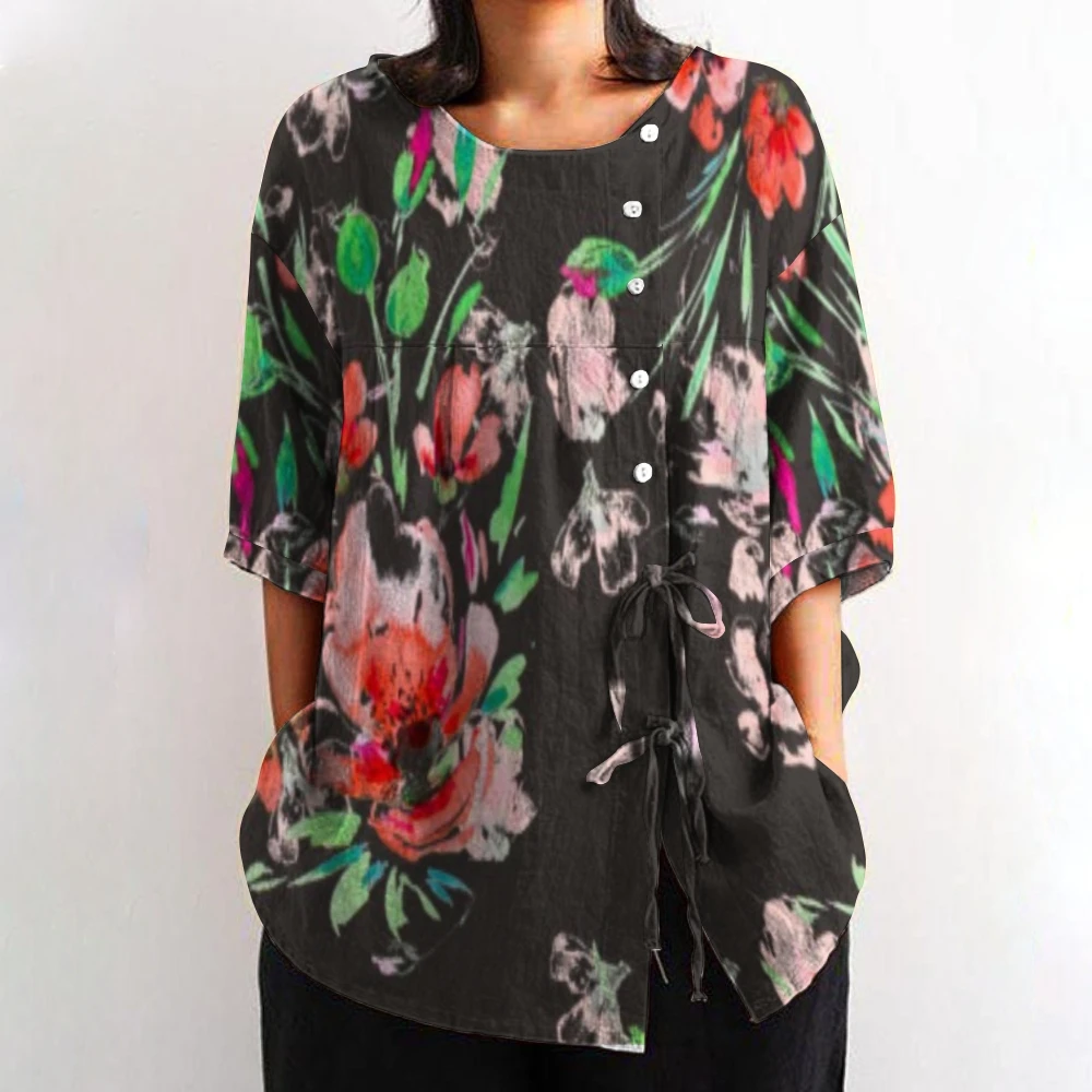 

Women's Retro Black Flower Print Shirt, Casual, Crew Neck, Loose Traf, Long Sleeve, Nice Women's Clothes, Trendy, New Blouse