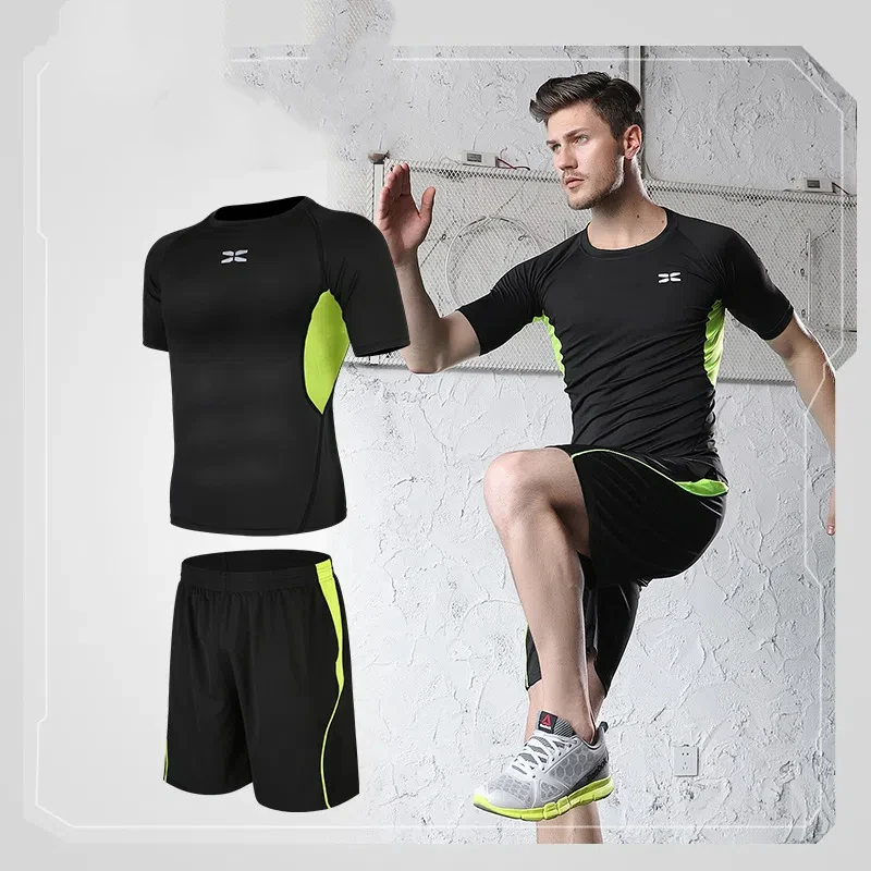 

2 PCS Set Men's Set Polyester Running Sports Shorts Short Sleeves Training Sportswear Elastic Breathable