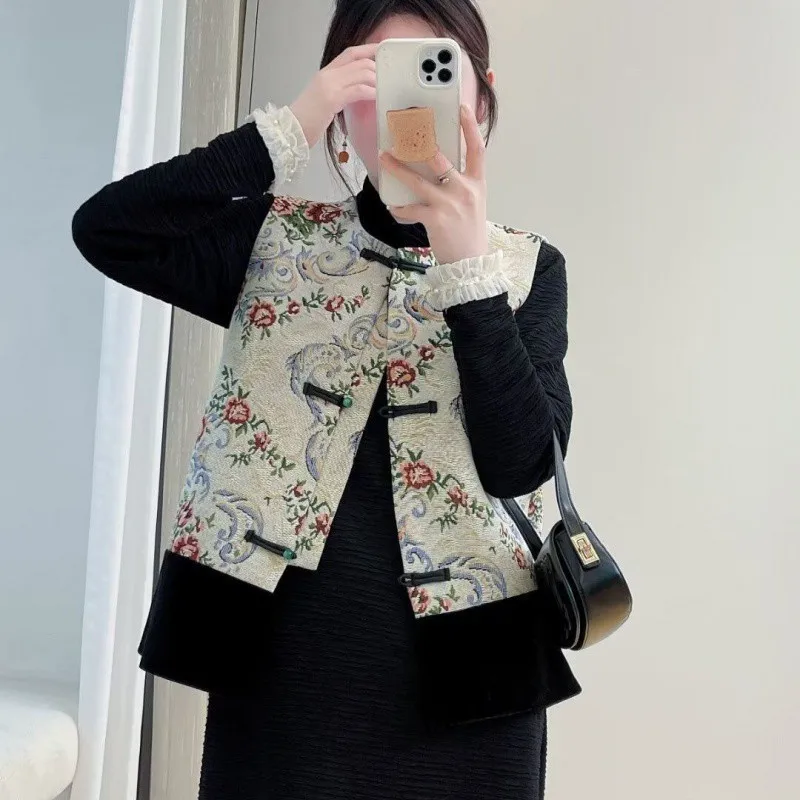 Women's New Chinese Ink Painting Vest Retro Buckle Versatile Elegant Jacket 2024New Spring and Autumn